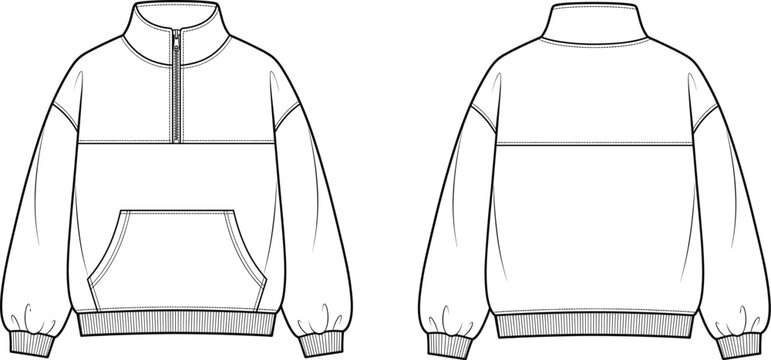 Technical fashion sketch of a womens oversized half zip sweatshirt front and back view with drop shoulder sleeves,
