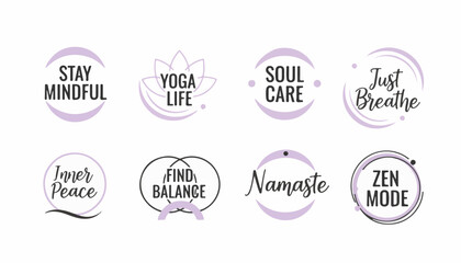 Obraz premium Circular Geometric Yoga Life and Soul Care Badges for Wellness Centers and Mental Health Awareness Month