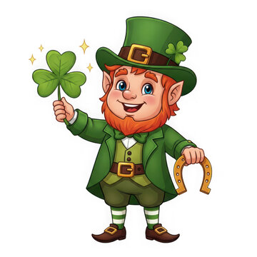 A cartoon leprechaun holding a four leaf clover isolated on transparent background, PNG
