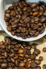 Fototapeta premium Coffee shop details with coffee beans, espresso, cappuccino and French press for brewing. Barista workspace. 