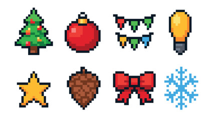 Pixel art Christmas icon set featuring a tree, bauble, garland, light bulb, star, pinecone, bow, and snowflake in a retro 8-bit video game style