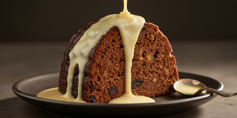 Clootie Dumpling with Custard Sauce on Deep Plate