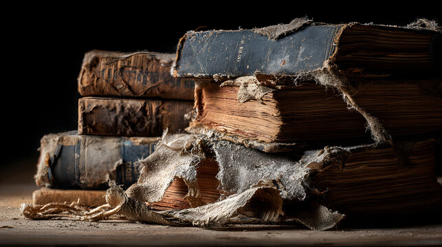 libros apilados viejos rotos y desgastados sobre una mesa libros antiguos descuidados con historia dentro de su contenido para el estudio y conocimiento 