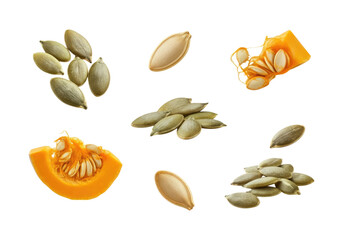 Close-up assortment of raw green pumpkin seeds and cut pumpkin pieces with seeds, isolated on a transparent background