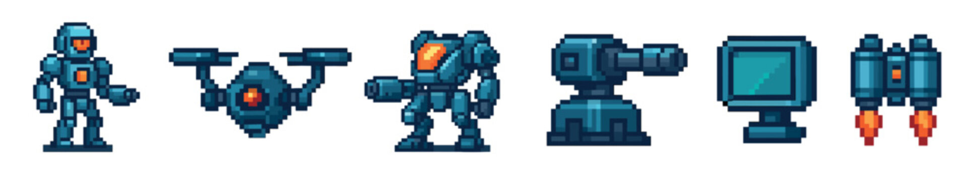 Set of pixel art robot sprites for a video game asset pack, including a mech, drone, turret, terminal, and jetpack in a retro 8-bit sci-fi style