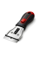 A tool with a metal blade and a sturdy plastic handle is shown. This tool is often used to scrape paint or clean various surfaces. It has a comfortable grip for better handling