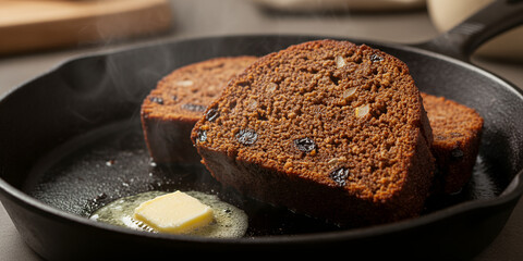 Fried Clootie Dumpling Slices in Cast Iron Skillet with Melting Butter