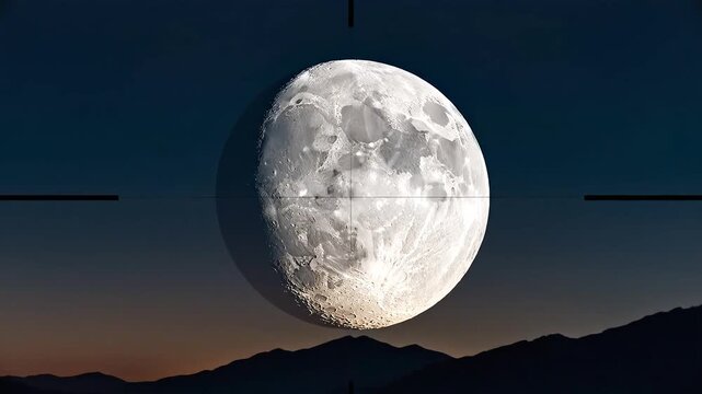Magnificent full moon rising over silhouetted mountain range at dusk viewed through a telescopic sight crosshair.
