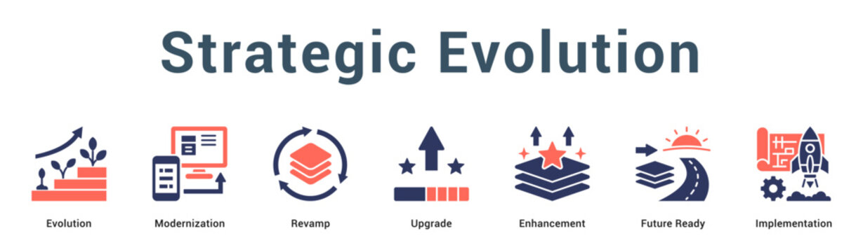 Strategic Evolution  Modern and clean web banner illustration vector featuring thematic icons
