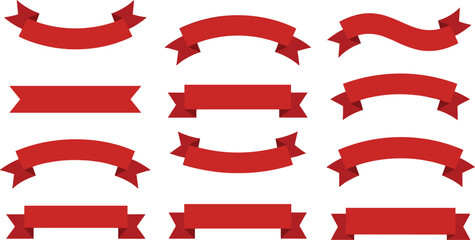 Collection of red ribbon banners and flag vectors with curved and straight shapes isolated on white background for labels and titles