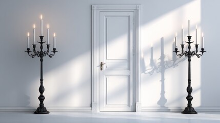 Symmetrical pair of tall, dark candelabras flanks a closed, bright interior doorway with dappled sunlight creating shadows.