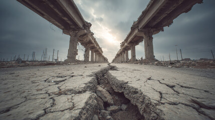 Broken concrete bridge with cracked ground showing earthquake destruction