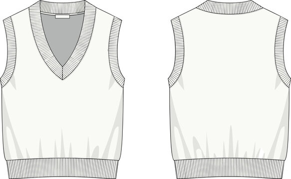Technical fashion sketch of classic V-neck knit sweater vest with ribbed armholes and hem vector flat illustration,