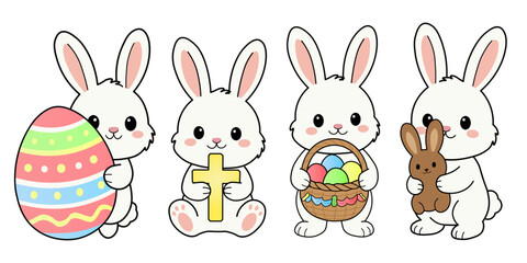 Cute Easter bunny character set. Kawaii white rabbit collection with Easter eggs and baskets in flat vector style