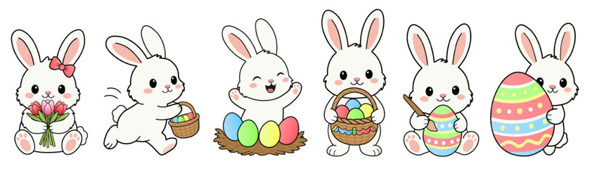 Cute Easter bunny character set. Kawaii white rabbit collection with Easter eggs and baskets in flat vector style