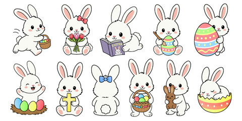 Naklejka na ściany i meble Cute Easter bunny character set. Kawaii white rabbit collection with Easter eggs and baskets in flat vector style