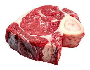 Obraz premium A raw, thick cut of beef steak with bone in, marbled fat, and rich red color