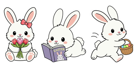 Cute Easter bunny character set. Kawaii white rabbit collection with Easter eggs and baskets in flat vector style