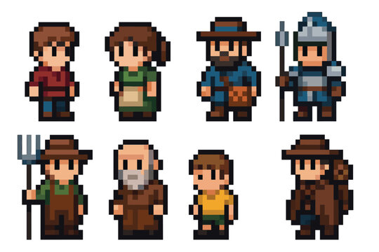 Set of pixel art medieval characters for a retro video game, including a knight, farmer, villager, and adventurer sprites designed in a classic 8-bit style for an RPG