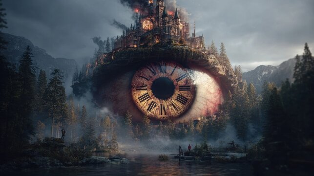 Enormous cyclopean structure resembling an eye with a clock face rests atop a mountain overlooking a misty forest landscape.