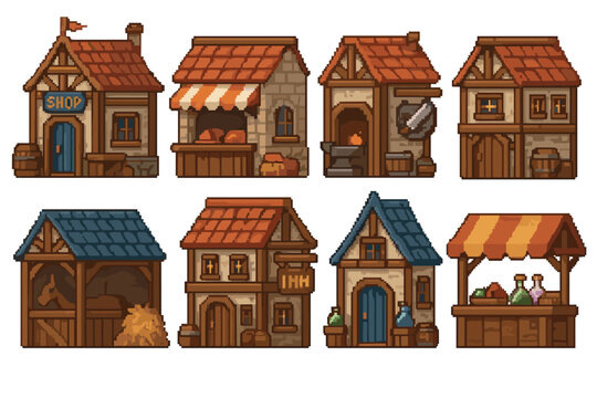Pixel art set of medieval fantasy buildings featuring a shop, inn, blacksmith, stable, and market stall, perfect for a retro 2D role-playing game asset collection