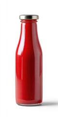 Tall glass bottle of red sauce with silver metal cap on white background vertical studio shot showing glossy surface and sealed top