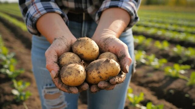 Person holding freshly harvested potatoes in a farm field