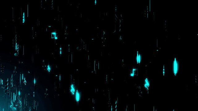 Abstract animation of glowing blue musical notes and clefs floating in darkness.