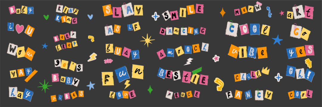 Colorful lettering collage elements in doodle sketch style. Y2K words and expressive phrases for scrapbook stickers and digital planning graphics.