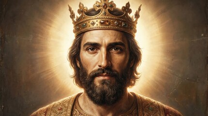 Naklejka premium Portrait of Jesus Christ with a gold crown and light emanating behind him. Messianic king and religious iconography artwork for faith-based design.