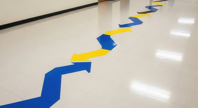 A Floor Marked With Directional Arrows, Leading Through An Empty Hallway Towards The Future