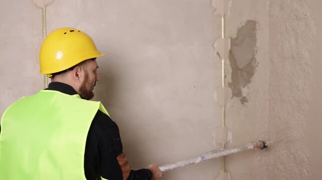 Cement mortar, skilled labor, construction tools. Worker applies cement-based plaster to blockwork with spray gun in active renovation area.