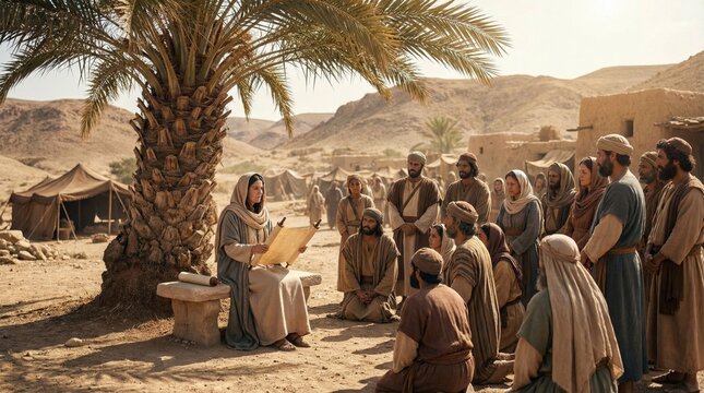 Woman reading ancient scroll to a group of men and women from the biblical era in a desert village, religious education concept.