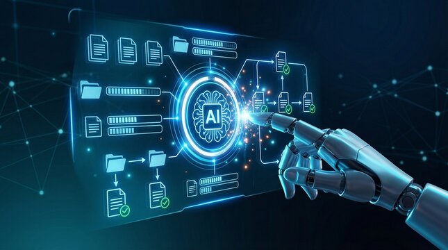 artificial intelligence robotic hand touching futuristic digital data interface