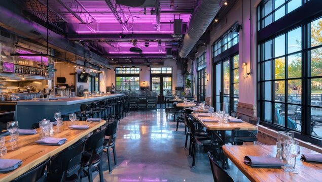 Contemporary dining hall features exposed structure and vibrant accent lighting over wooden tables