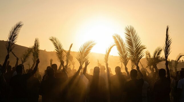 Silhouetted men raising palm branches against a bright sunset. Palm Sunday celebration worship concept for Christian holiday.