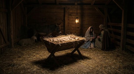 Naklejka premium Nativity scene with baby Jesus in manger, adult man, and woman kneeling. Christian religious concept for Christmas holiday.