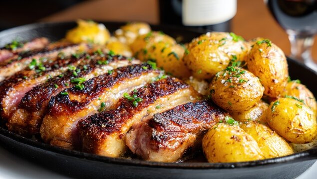 Sliced roasted meat with seasoned whole potatoes served in a dark skillet