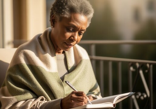 Senior African American woman writing in a notebook on a balcony. Elderly lady journaling outdoors wrapped in a cozy shawl during golden hour. Retirement lifestyle concept