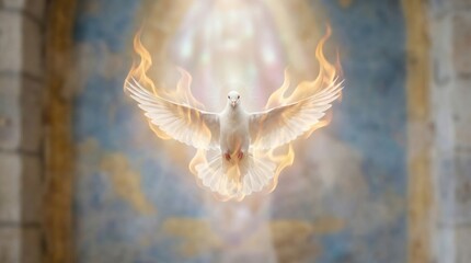 Naklejka premium White dove with extended wings surrounded by fire and light. Holy spirit concept for religious design and inspirational material.