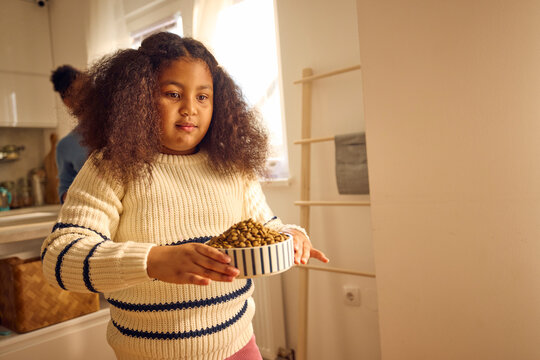 Child carries a dish of dog food.