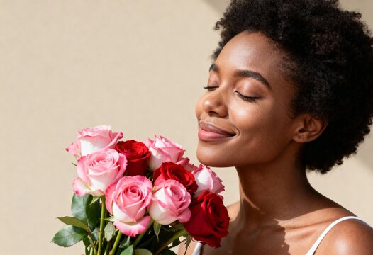 Young Black woman with afro smelling a bouquet of red and pink roses. Happy African American female with eyes closed enjoying floral scent in sunlight. Portrait of joy and self care