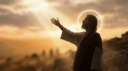 Naklejka premium Man depicted as Jesus Christ with a halo and outstretched arm at sunset, symbolizing prayer and divine guidance for religious inspiration.