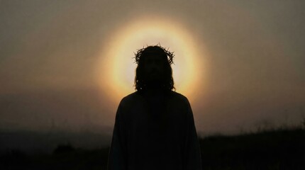 Naklejka premium Man silhouette in crown of thorns against bright sunset background. Religious concept of Jesus Christ for Easter holiday.