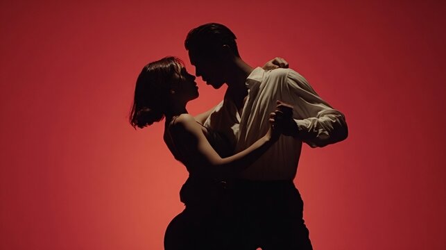 Loving couple in elegant silhouette performing a passionate ballroom dance, showing romance and intimacy on a vibrant red studio background, expressing elegance and connection