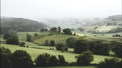 Obraz premium Morning Mist Covers Rolling Green Hills in Ireland, Creating a Soft Light That Enhances the Natural Beauty of the Landscape