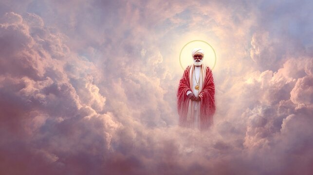 Narendra modi portrayed as a venerable spiritual leader with a golden halo, standing in ethereal pink and purple clouds evoking divinity, sainthood, and enlightened leadership