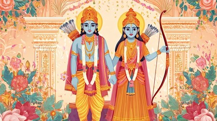 Obraz premium Lord rama and sita, divine couple from hindu mythology, standing together and holding hands, depicted in traditional art style with bow and arrow, surrounded by floral decorations during a festival