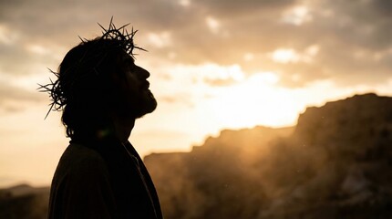 Naklejka premium Man with a crown of thorns looking up at a bright sky. Religious concept of Jesus Christ sacrifice and resurrection for Easter.