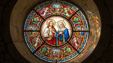 Naklejka premium Stained glass window of Jesus Christ and Mary in a church. Religious art and worship concept for Christianity. Ornate gothic architecture.